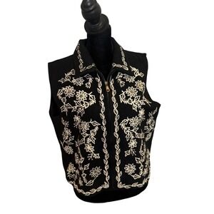 Vintage Wool Blend Zip Front Vest Womens M Floral Embroidered Layering Folk